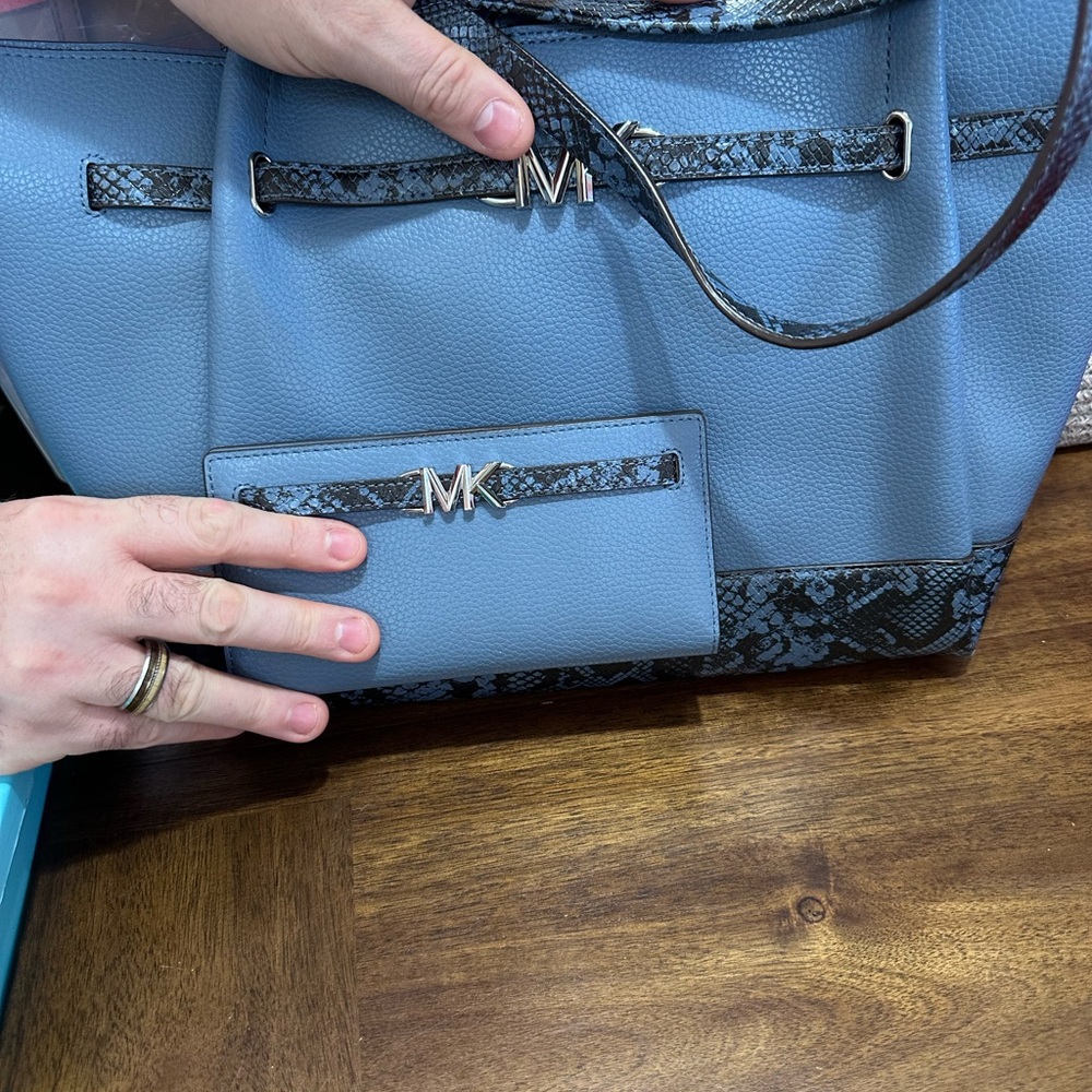 Michael Kors Powder Blue Tote with Snake Print Accents